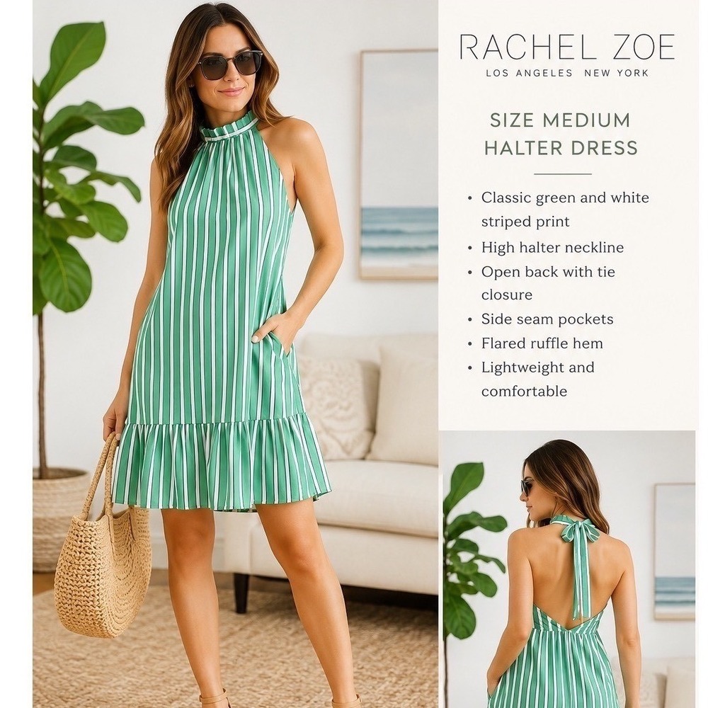 Rachel Zoe Halter Dress Womens Medium Green White NWT Striped Ruffle Hem Pockets